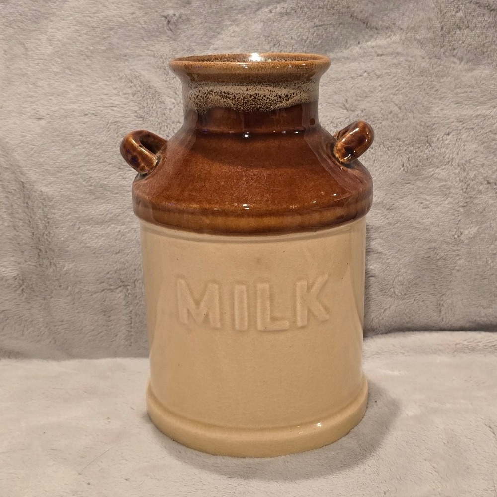 Vintage Style TwoTone Stoneware Milk Jug Crock Brown Embossed Farmhouse Decor 7"